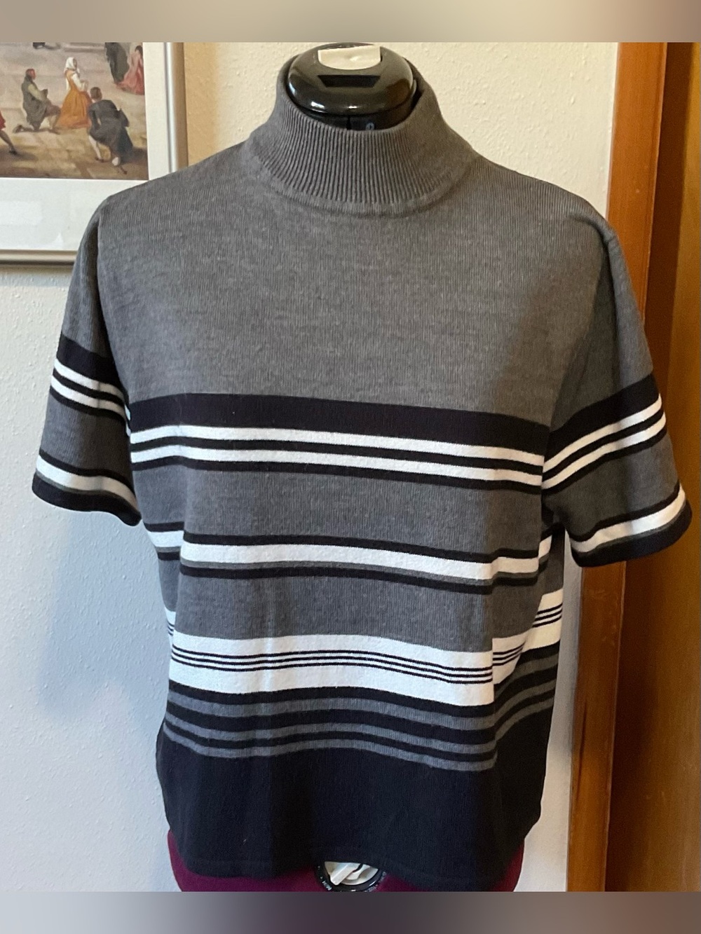 Sag Harbor Grey Striped Mock Neck Short-Sleeve Sweater